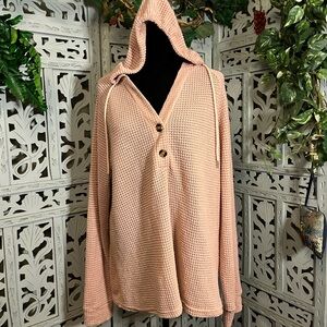 PERFECTLY PEACHY PINK WAFFLE KNIT LONG SLEEVE BUTTON NECK & HOODIE TOP